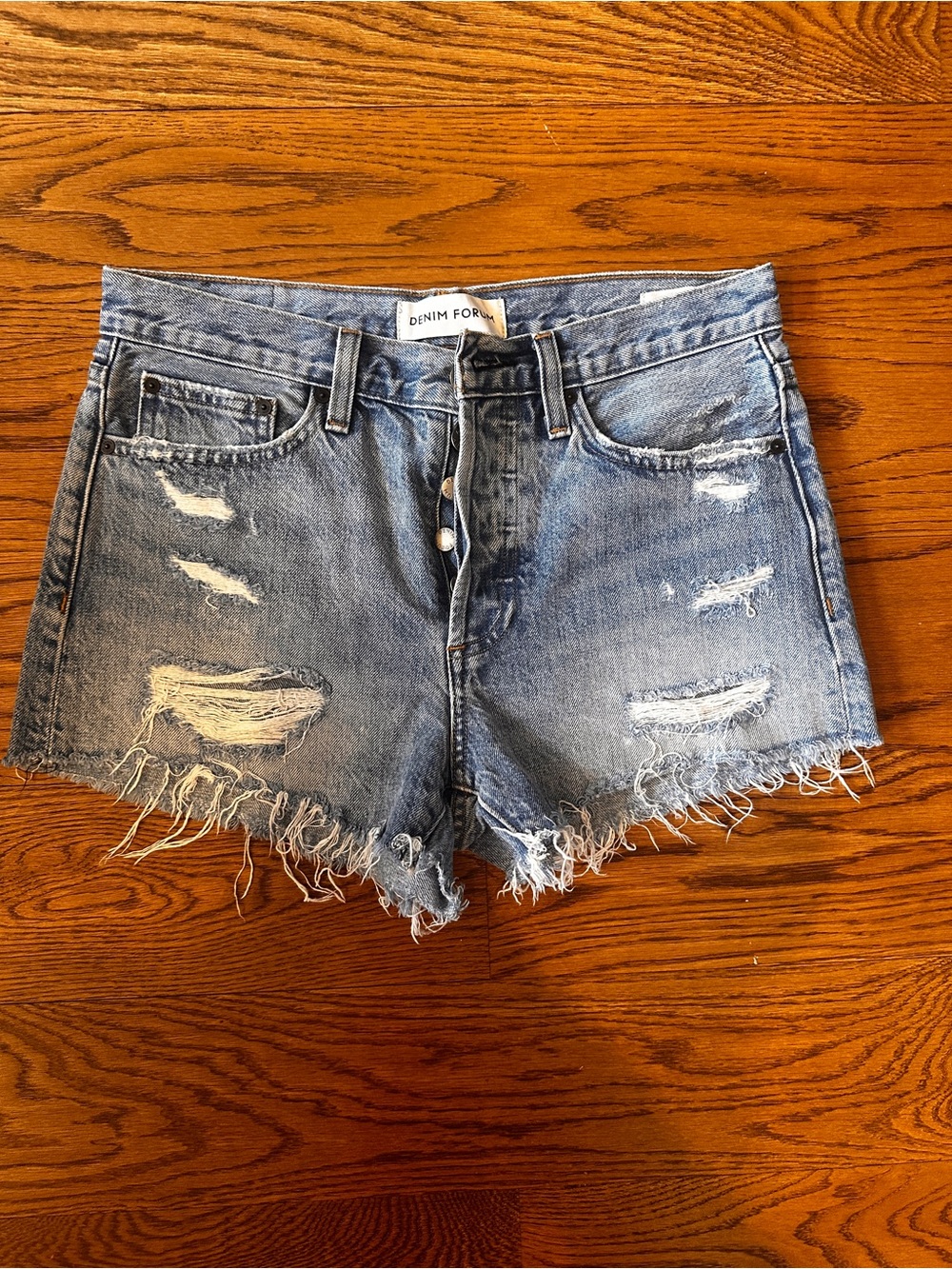 Aritzia Denim Forum Distressed Blue Denim Cutoff Shorts